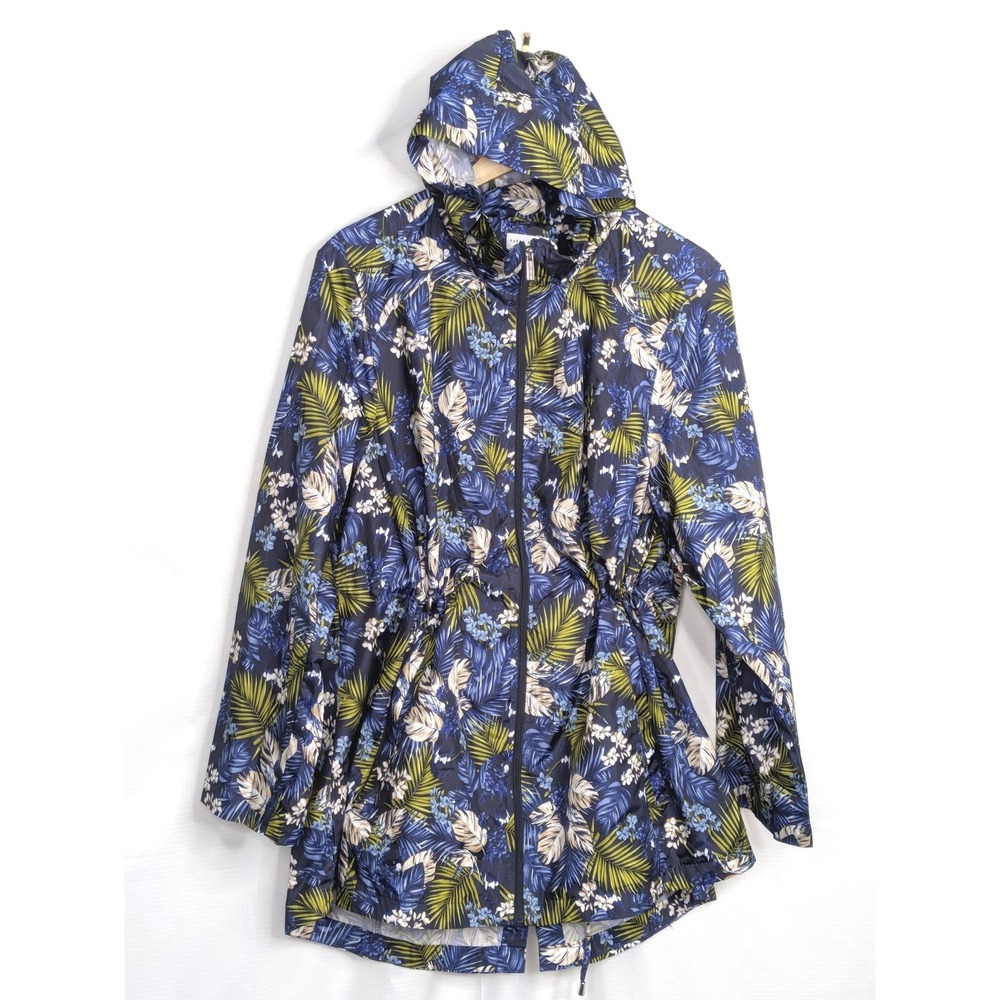 Susan Graver 1X Tropical Floral Hooded Windbreaker Jacket Cinch Waist